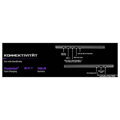 'Konnektivität: Die volle Bandbreite' mit Thunderbolt, Wi-Fi 7, Fast-Charging, und FHD+IR Kamera. Bild zeigt Geräteanschlüsse oben und rechts.