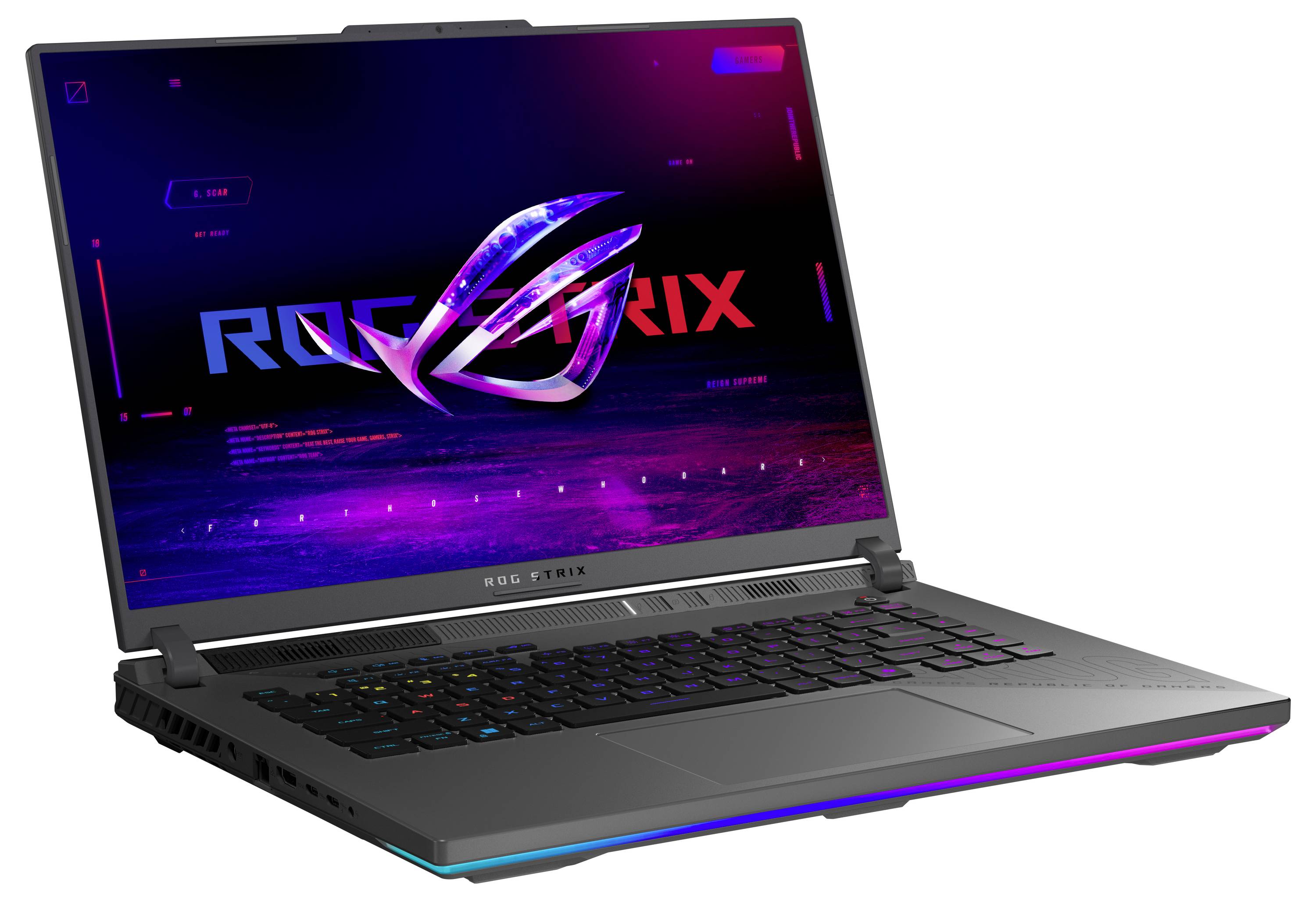 Ein Gaming-Laptop mit einem „ROG STRIX"-Logo auf dem Bildschirm, mit farbenfrohen Beleuchtungseffekten auf der Tastatur und dem Sockel.