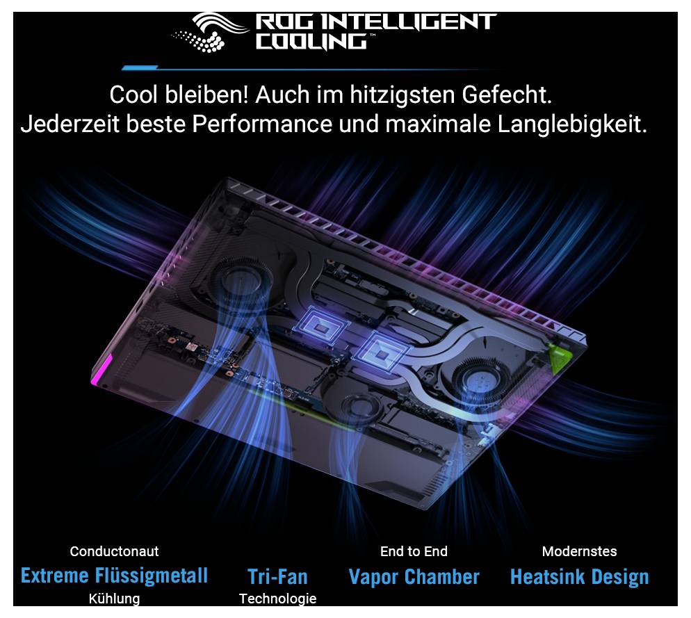 Ein Laptop wird von unten gezeigt, hervorgehoben ist das Kühlsystem mit Flüssigmetall, Tri-Lüfter-Technologie und Heat Sink Design. Text: 'Cool bleiben! Auch im hitzigsten Gefecht.'