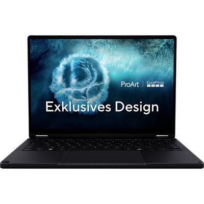 Ein Laptop zeigt einen blauen, aquatisch gestalteten Bildschirm mit einem "ProArt"-Logo, einem "GoPro"-Logo und dem Text "Exklusives Design".