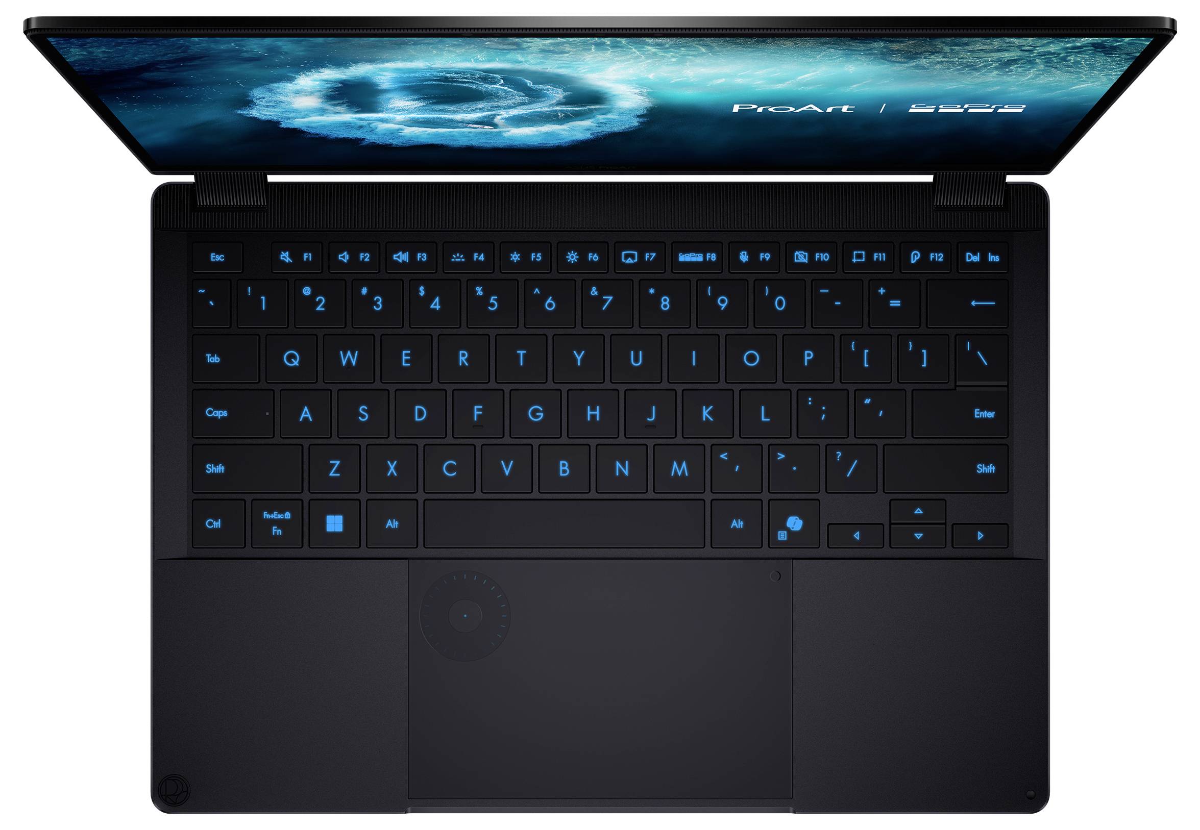 Ein Laptop mit blaubeleuchteter Tastatur, von oben betrachtet. Der Bildschirm zeigt ein digitales Wirbelbildes auf blauem Hintergrund.