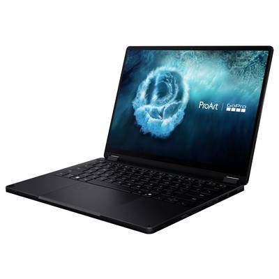 Ein schlanker, schwarzer Laptop ist geöffnet und zeigt einen Desktop-Hintergrund mit einer wirbelnden blauen Grafik und weißem Text „ProArt, CoPro".