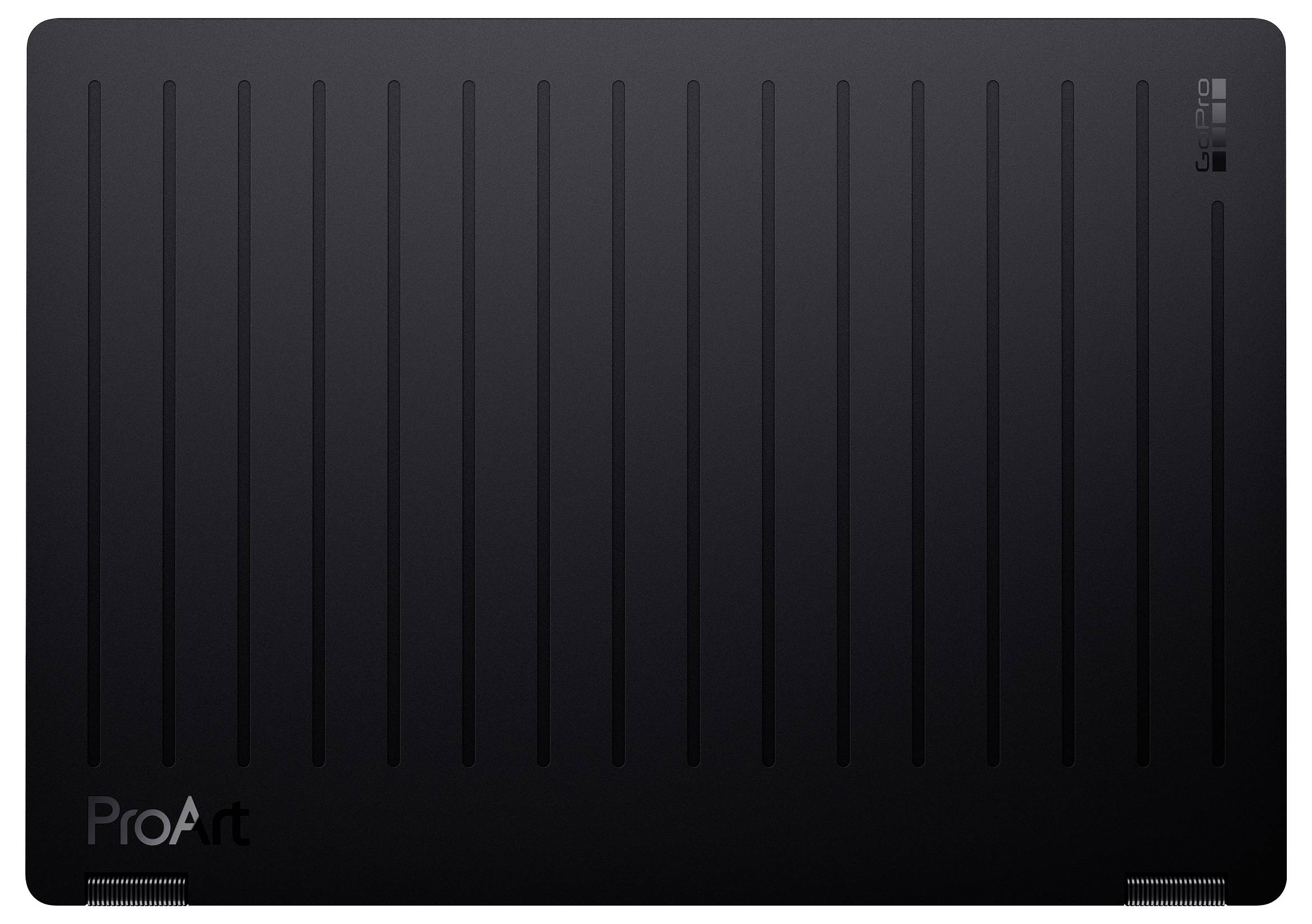 Schwarz beschriftetes Gerät der Marke „ProArt" mit vertikalen Linien und Belüftungsöffnungen, wahrscheinlich ein Monitor oder ähnliche Ausrüstung, von hinten betrachtet.