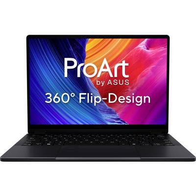 ASUS ProArt Laptop mit 360°-Flip-Design auf lebendigem mehrfarbigem Hintergrund.
