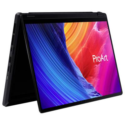 Ein Laptop im Zeltmodus zeigt auf dem Bildschirm ein abstraktes, farbenfrobes Design mit dem Wort „ProArt", das das kreative Potenzial hervorhebt.
