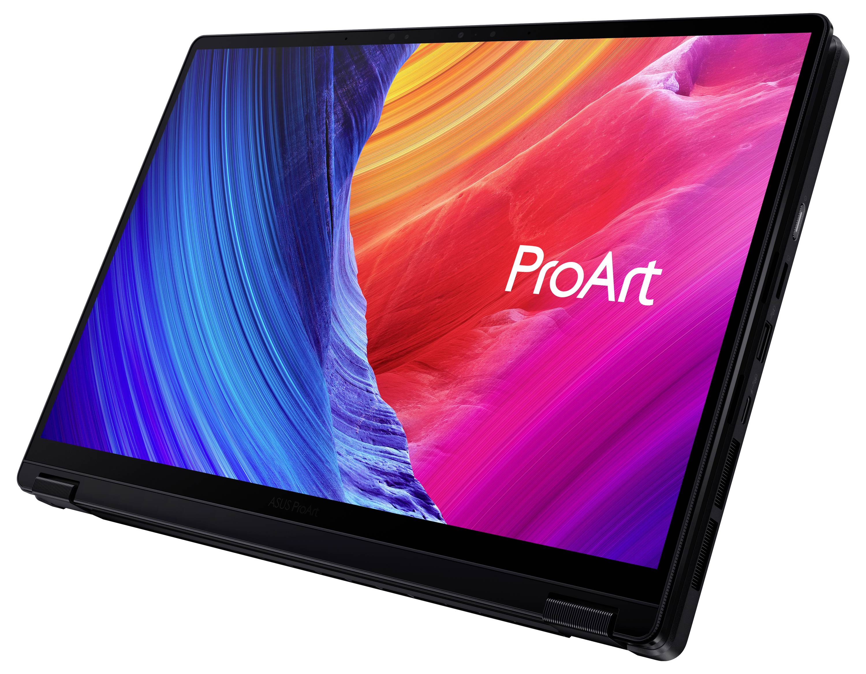 Ein Laptop mit einem lebendigen, farbenfrohen Display, das blaue und rosa abstrakte Wellen zeigt. Der Bildschirm zeigt das Wort „ProArt".