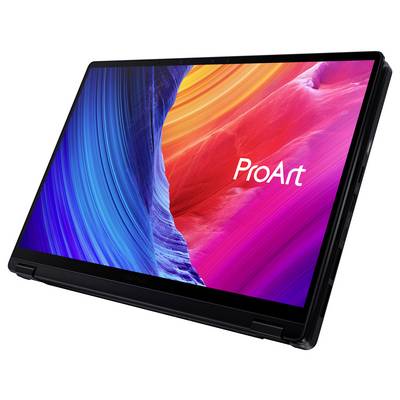 Ein Laptop mit einem lebendigen, farbenfrohen Display, das blaue und rosa abstrakte Wellen zeigt. Der Bildschirm zeigt das Wort „ProArt".