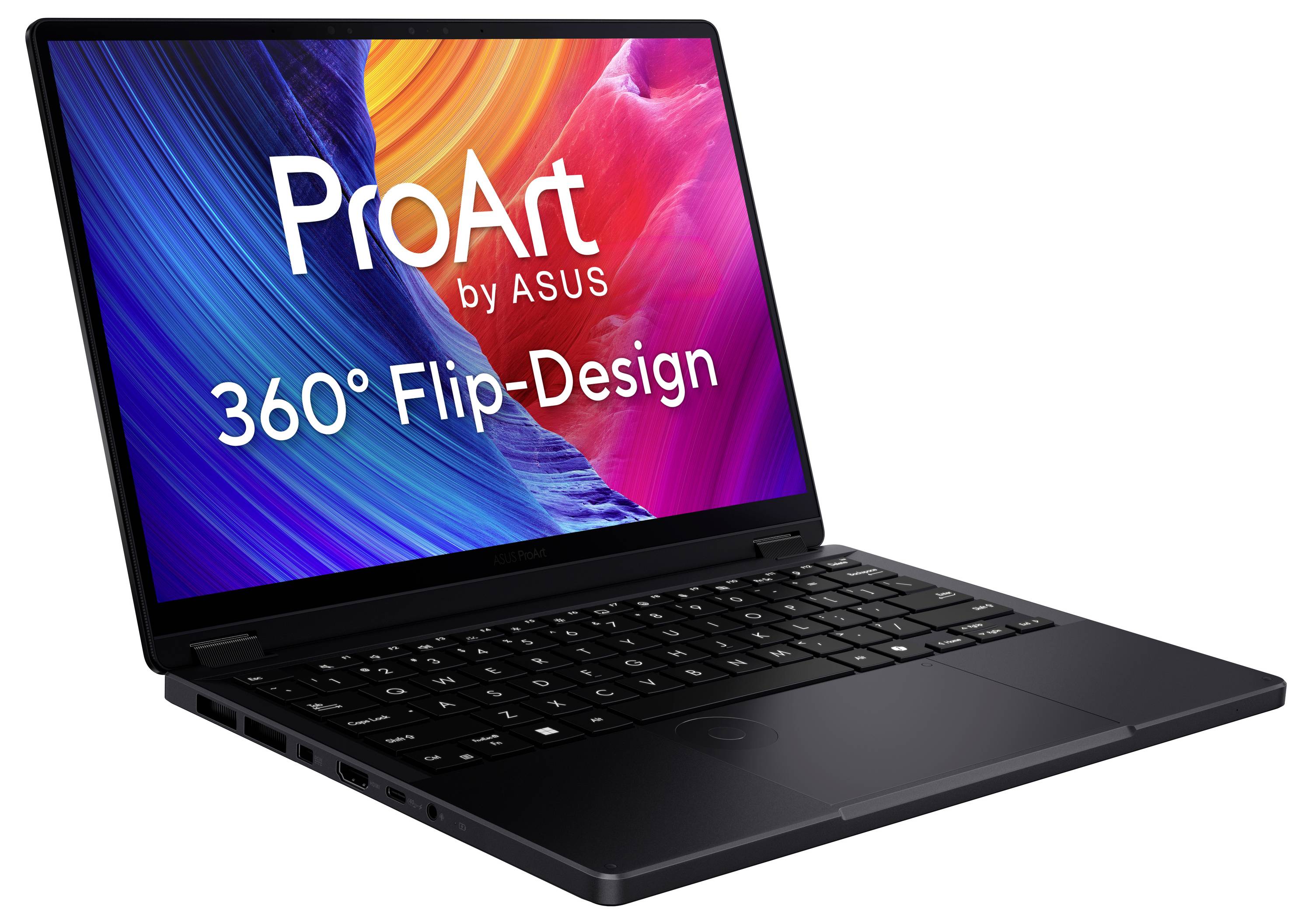Laptop mit farbenfrohem Bildschirm, auf dem „ProArt by ASUS 360° Flip-Design" zu lesen ist. Schwarze Tastatur sichtbar, das Scharnier ermöglicht eine vollständige Drehung.