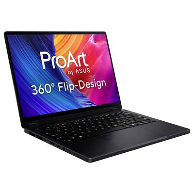 Laptop mit farbenfrohem Bildschirm, auf dem „ProArt by ASUS 360° Flip-Design" zu lesen ist. Schwarze Tastatur sichtbar, das Scharnier ermöglicht eine vollständige Drehung.