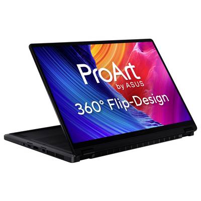 Laptop mit dem Titel „ProArt by ASUS" mit einem lebendigen Display, das eine 360°-Klapp-Design-Funktion zeigt und Vielseitigkeit in der Anwendung suggeriert.
