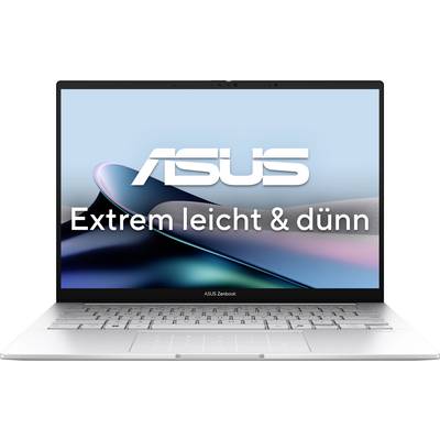 Ein Laptop mit geöffnetem Display. Auf dem Bildschirm steht 'Extrem leicht & dünn' vor einem farbigen Hintergrund.