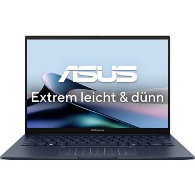 Ein ASUS Zenbook-Laptop mit der Aufschrift 'Extrem leicht & dünn' auf dem Bildschirm.