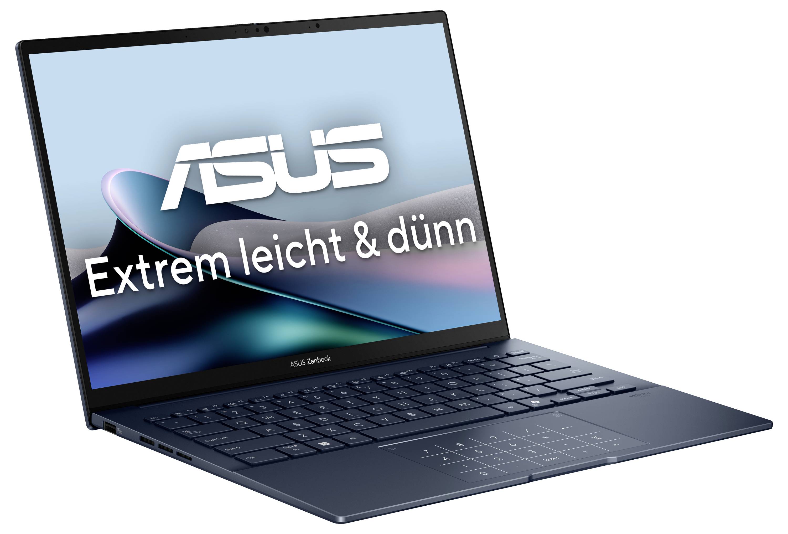 ASUS-Laptop mit dem auf dem Bildschirm angezeigten Text "Extrem leicht & dünn", was darauf hindeutet, dass er extrem leicht und dünn ist.