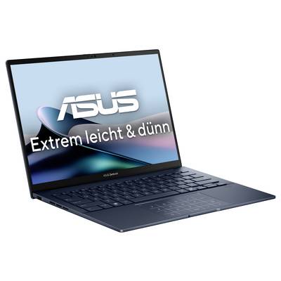 ASUS-Laptop mit dem auf dem Bildschirm angezeigten Text "Extrem leicht & dünn", was darauf hindeutet, dass er extrem leicht und dünn ist.