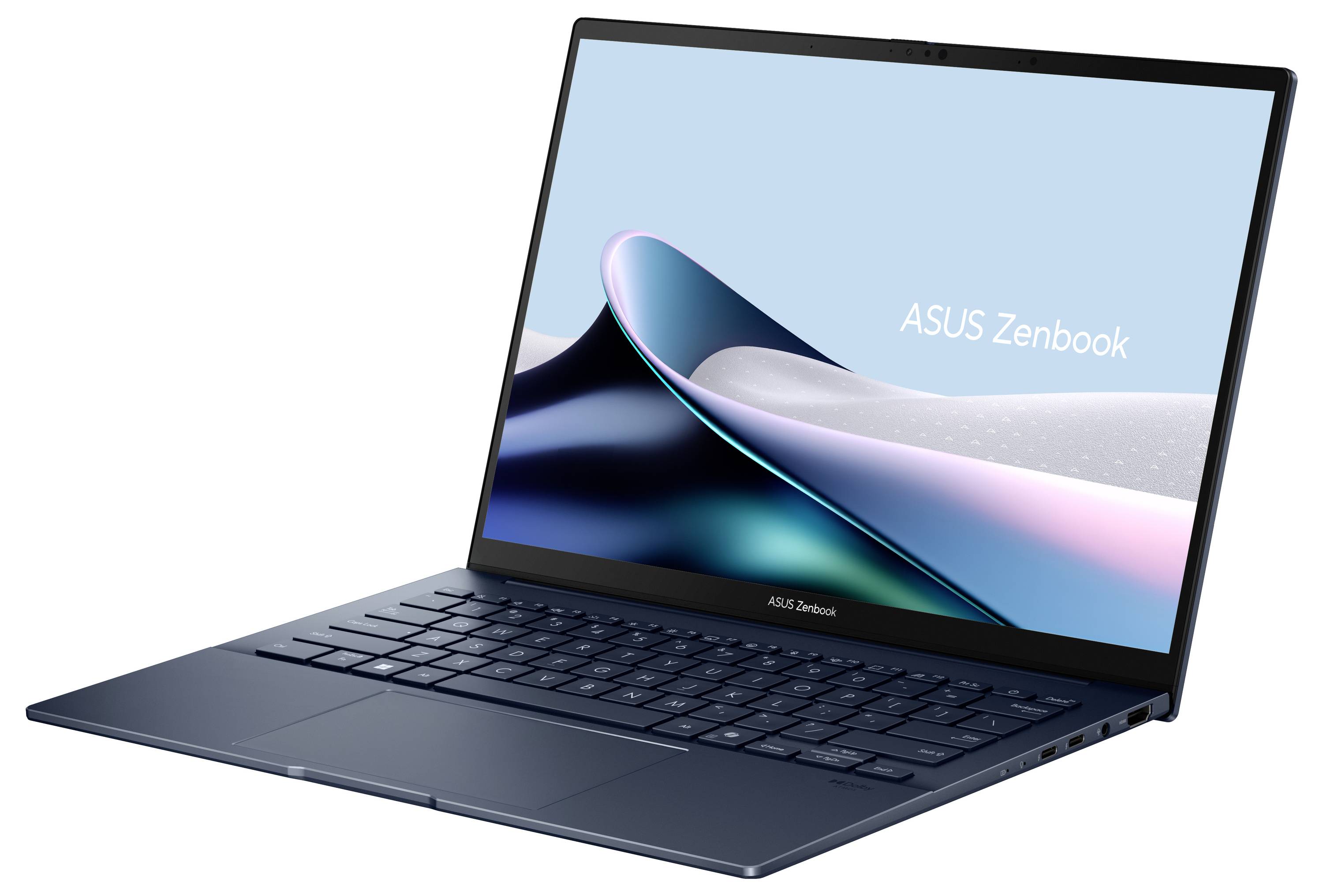 Ein elegantes aufgeklapptes Laptop-Display zeigt "ASUS Zenbook" auf dem Bildschirm vor einem blauen Farbverlauf-Hintergrund mit modernem, minimalischem Design.