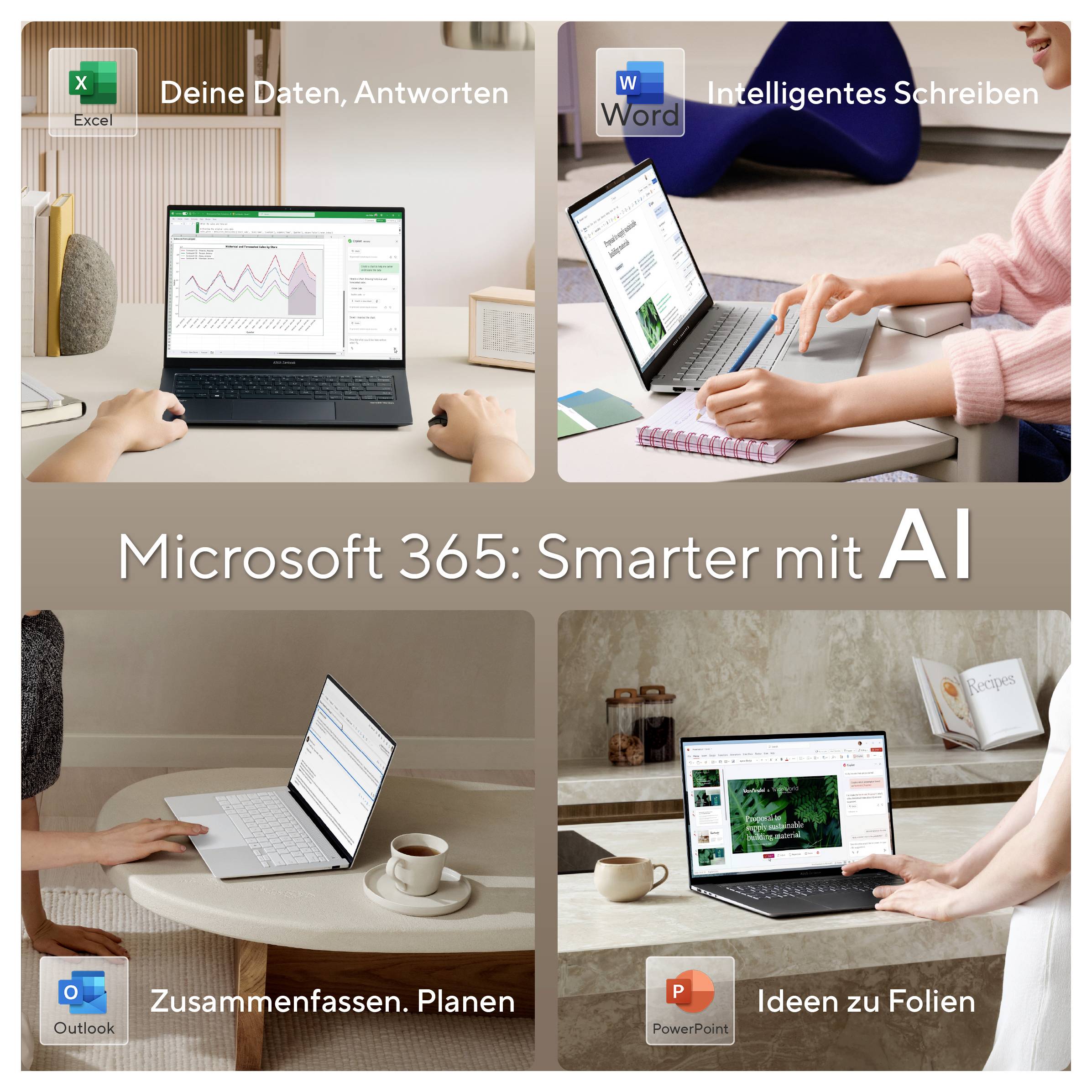 Vier Szenen zeigen, wie Microsoft 365 AI-Funktionen verbessert: Excel-Datenanalyse, Word-Schreiben, Outlook-Planung, PowerPoint-Ideen.