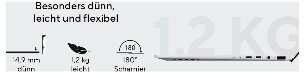 Ein Laptop mit den Merkmalen 'Besonders dünn, leicht und flexibel', 14,9 mm dick, 1,2 kg schwer, 180-Grad-Scharnier.