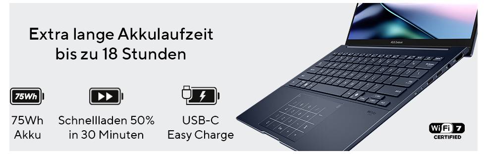 Ein Laptop mit der Aufschrift 'Extra lange Akkulaufzeit bis zu 18 Stunden', zeigt Symbole für 75Wh Akku, Schnellladen, USB-C, und WiFi.