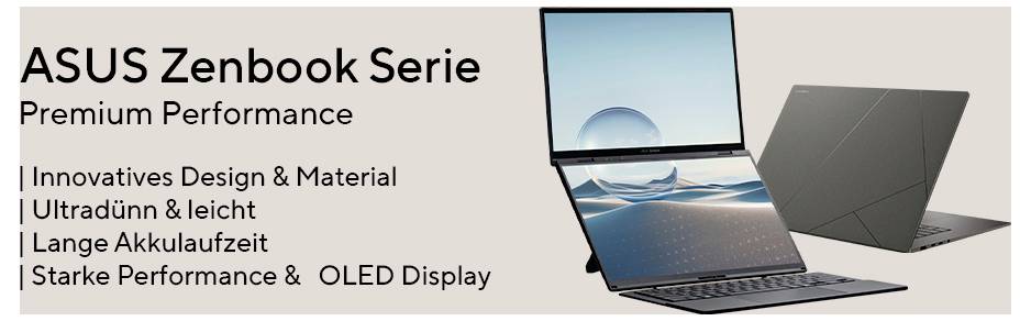 ASUS Zenbook Serie Laptops in Premium Performance, zeigen zwei Perspektiven. Text betont innovatives Design, langen Akku und OLED Display.