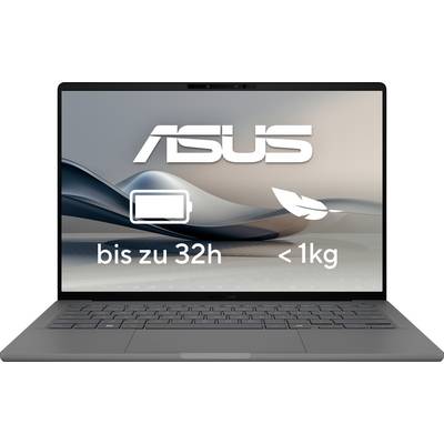 Laptop mit ASUS-Logo, beworben mit einer Batterielaufzeit von bis zu 32 Stunden und einem Gewicht von weniger als 1 kg.