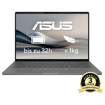 Ein ASUS-Laptop mit Bildschirmgrafik: 'bis zu 32h' Akkulaufzeit, Gewicht unter 1 kg. Rechteckiger Aufkleber '3 Jahre Garantie International'.