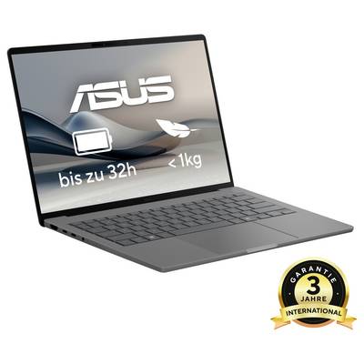 Ein ASUS-Laptop mit bis zu 32 Stunden Akkulaufzeit und einem Gewicht von unter 1 kg. Ein Symbol zeigt '3 Jahre internationale Garantie'.