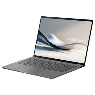 Ein schlanker ASUS Zenbook-Laptop mit einem Display mit dünnen Rändern, das ein modernes Gradient-Hintergrundbild und den Text „ASUS Zenbook" auf dem Bildschirm zeigt.
