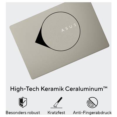 Ein Laptop aus High-Tech-Keramik Ceraluminum™ ist diagonal auf einem Tisch positioniert. Text darunter: 'Besonders robust, Kratzfest, Anti-Fingerabdruck'.