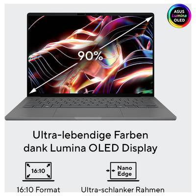 Laptop mit Lumina OLED Display zeigt bunte grafische Muster. Text: 'Ultra-lebendige Farben', '16:10 Format', 'Ultra-schlanker Rahmen'.
