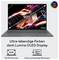 Laptop mit Lumina OLED Display zeigt bunte grafische Muster. Text: 'Ultra-lebendige Farben', '16:10 Format', 'Ultra-schlanker Rahmen'.