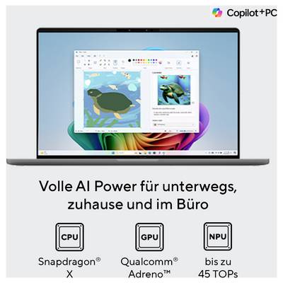Ein Laptop zeigt eine Illustration und Text. Text darunter: 'Volle AI Power für unterwegs, zuhause und im Büro'. Symbole für CPU, GPU und NPU.