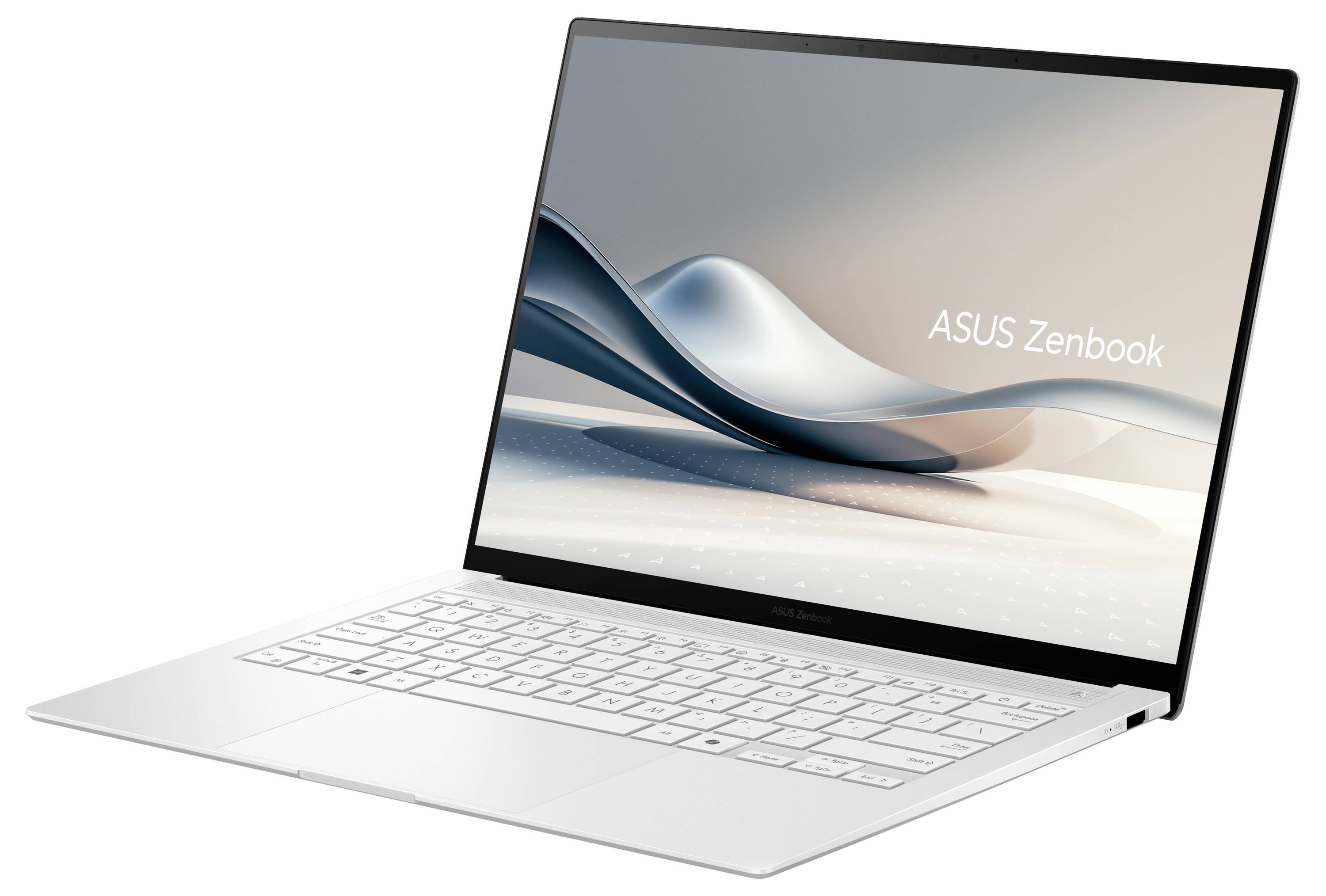 Ein schlanker, moderner silberner Laptop mit "ASUS Zenbook" auf dem Bildschirm, positioniert auf einer hellfarbigen Oberfläche.