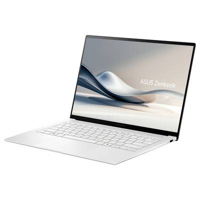 Ein schlanker, moderner silberner Laptop mit "ASUS Zenbook" auf dem Bildschirm, positioniert auf einer hellfarbigen Oberfläche.