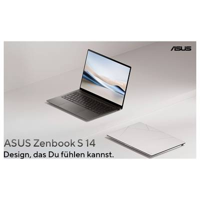 ASUS Zenbook S 14 Laptop mit geöffneter Bildschirmansicht und geschlossenem Deckel. Text: 'Design, das Du fühlen kannst.'