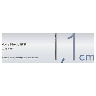 Das Bild zeigt ein Tablet in Profilansicht mit der Textbeschreibung 'Volle Flexibilität, 1,2 kg leicht'. Die Dicke beträgt 1,1 cm. Gewicht kann variieren.