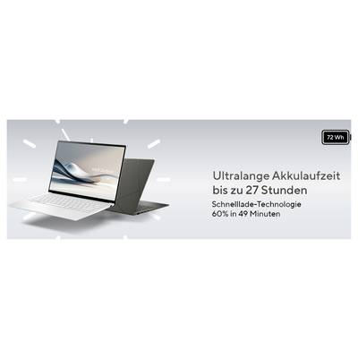 Zwei Laptops nebeneinander mit Text: 'Ultralange Akkulaufzeit bis zu 27 Stunden. Schnelllade-Technologie 60% in 49 Minuten'.