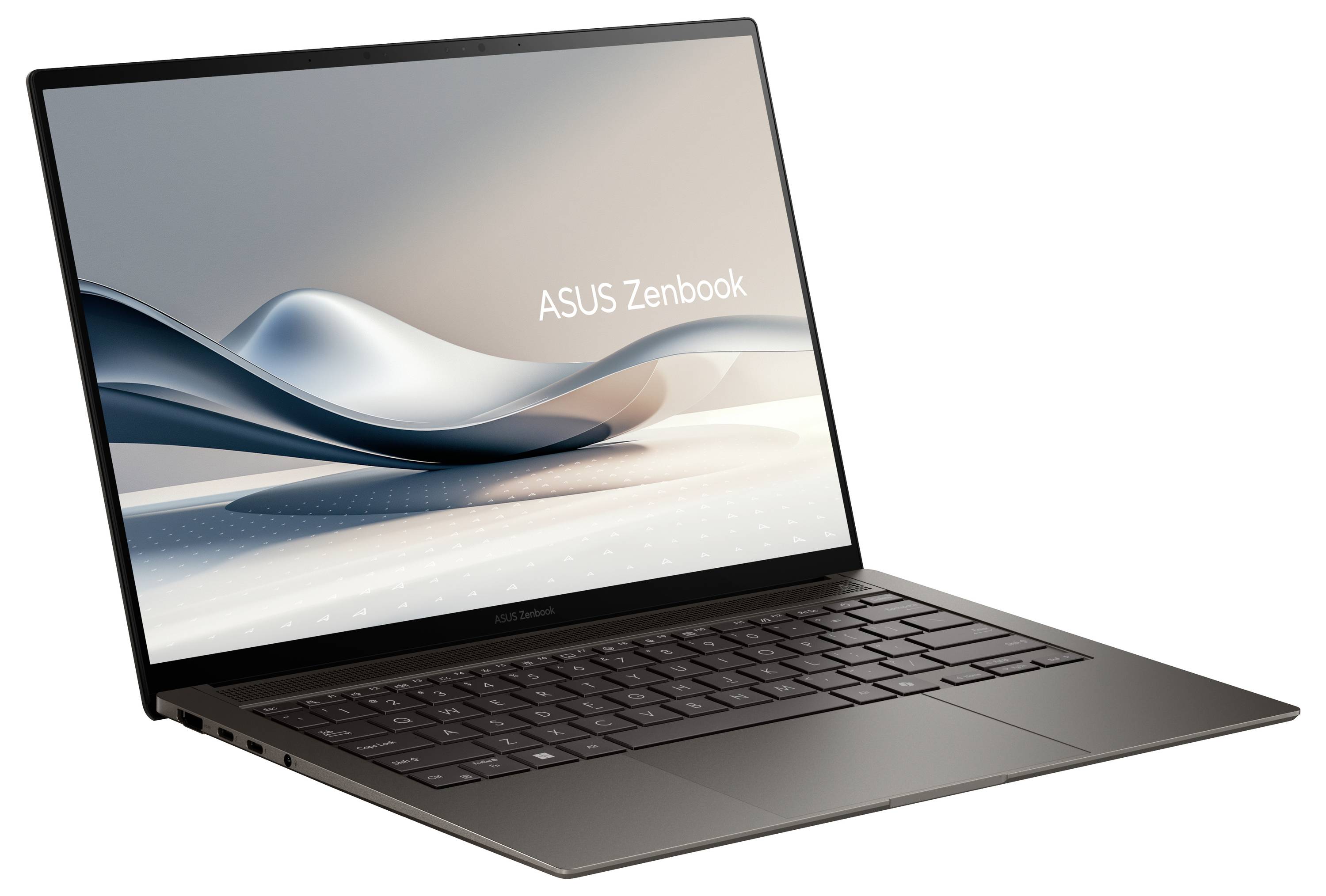 Ein elegantes ASUS Zenbook-Laptop mit einer dunkelgrauen Tastatur und Blende, das einen Bildschirm mit dem Text „ASUS Zenbook" über abstrakten wellenförmigen Designs anzeigt.