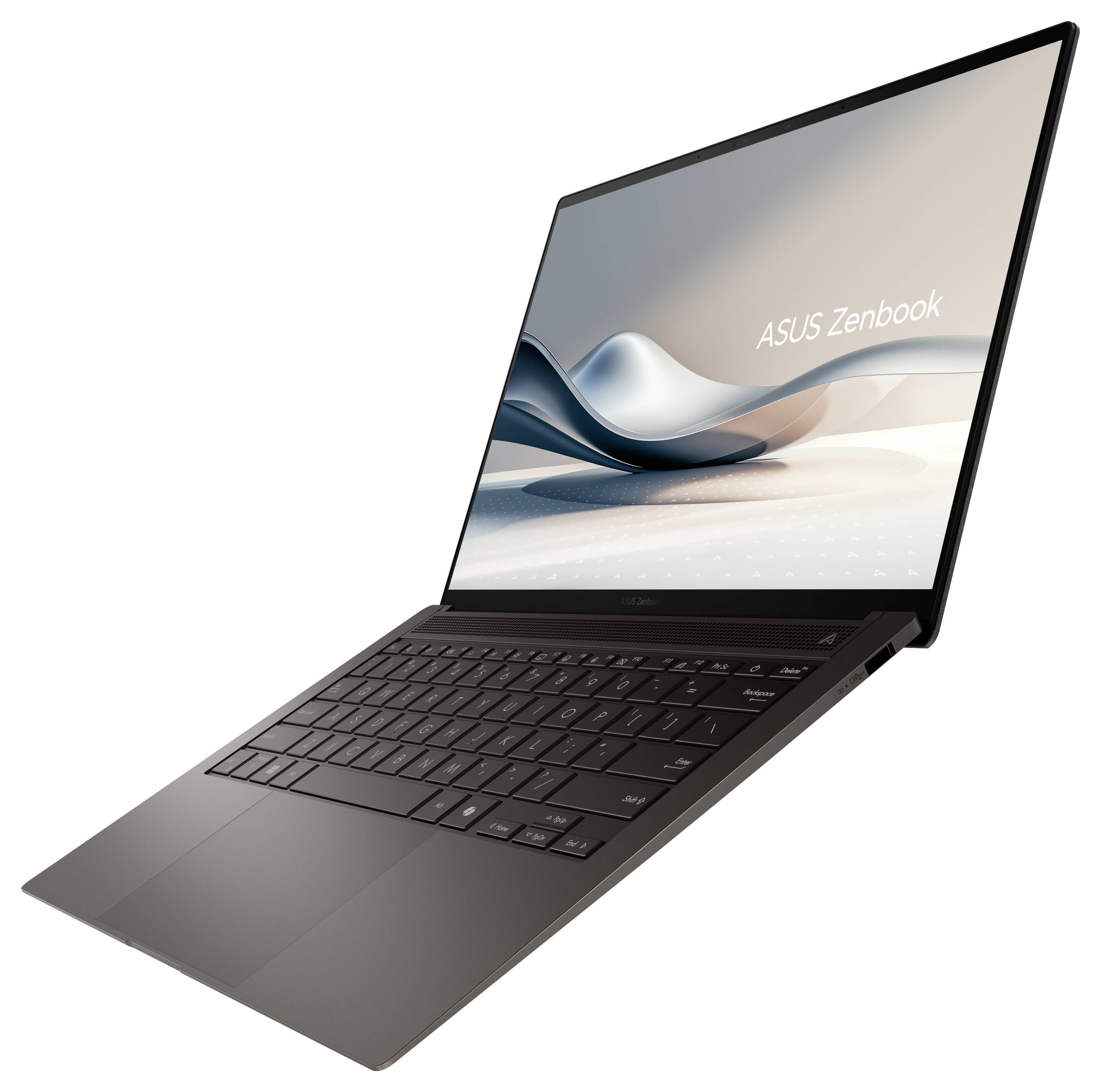 Ein elegantes schwarzes ASUS Zenbook Laptop, das ein stilisiertes Wellenmuster auf dem Bildschirm anzeigt, aufgeklappt und im Winkel positioniert, um sein schlankes Design zur Geltung zu bringen.