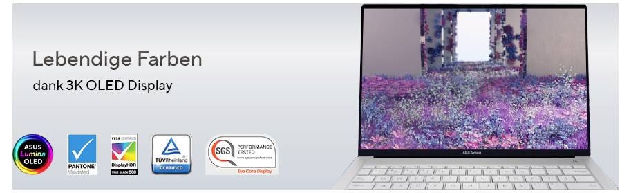 'Lebendige Farben dank 3K OLED Display' neben einem Laptop, der ein farbenfrohes Bild auf dem Bildschirm zeigt. Zertifikationslogos darunter.