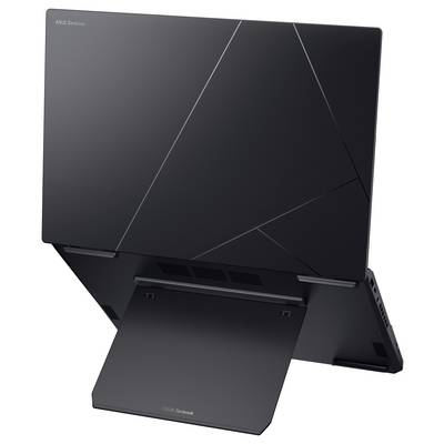 Schlankes schwarzes ASUS Zenbook Laptop von hinten betrachtet, das eckige Linien und ein ergonomisches Ständerfeature zeigt.