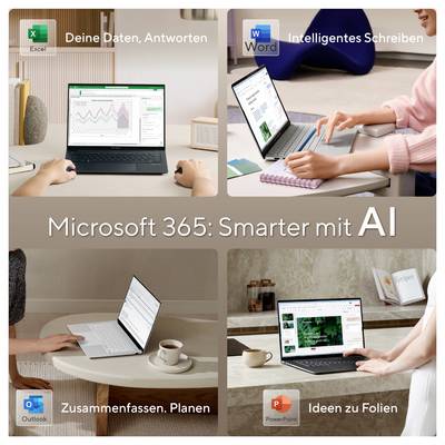 'Collage aus vier Bildern, die Microsoft 365-Apps zeigen: Excel, Word, Outlook und PowerPoint, mit Hinweisen auf KI-gestützte Funktionen.'