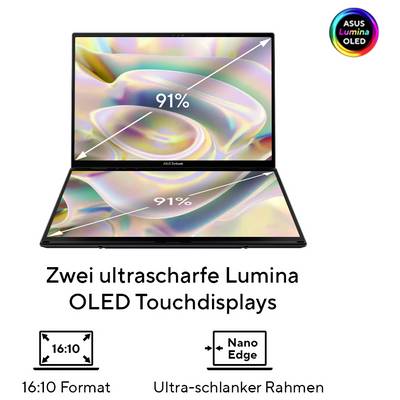 Ein Laptop mit zwei OLED-Touchscreens, einem 16:10-Format und Nano Edge Design. Die Displays zeigen 91% Farbabdeckung.