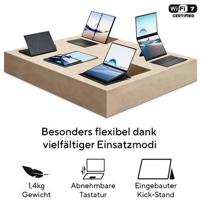 Sechs Laptops in verschiedenen Positionen, darunter abnehmbare Tastatur und Kick-Stand. Text: 'Besonders flexibel dank vielfältiger Einsatzmodi'.