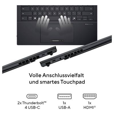 Ein kleiner schwarzer Computer mit strukturierter Oberseite. Die Frontplatte hat zwei USB-Anschlüsse, einen USB-C-Anschluss, eine Kopfhörerbuchse und einen Stromschalter. Markenlogo auf der Oberseite.