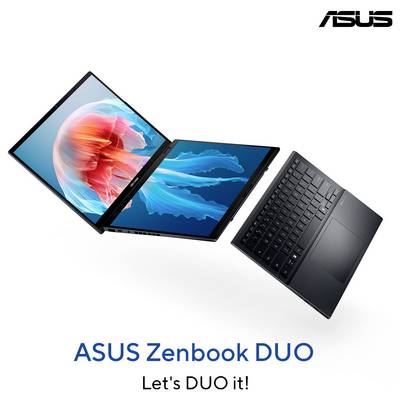 ASUS Zenbook DUO Laptop mit zwei Bildschirmen, einer horizontal geöffnet, der andere angewinkelt. Text: 'Let's DUO it!'