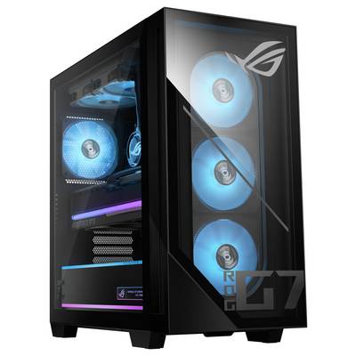 Ein schwarzes Computergehäuse mit blauen LED-Lüftern und beleuchtetem Logo, von vorne-links fotografiert.