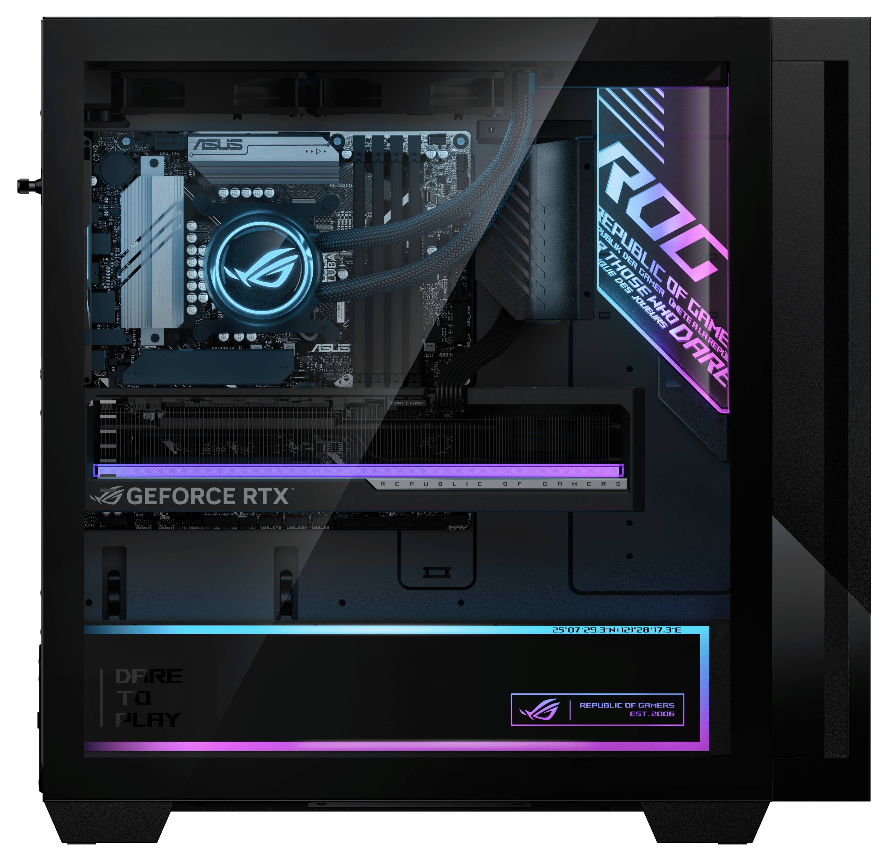 Ein schwarzes Gaming-PC-Gehäuse mit RGB-Beleuchtung, das ein ASUS-Motherboard und eine NVIDIA GeForce RTX-Grafikkarte im Inneren zeigt.