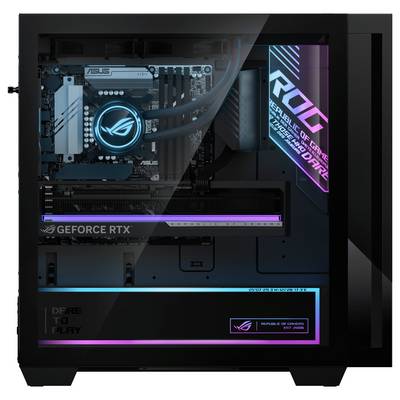 Ein schwarzes Gaming-PC-Gehäuse mit RGB-Beleuchtung, das ein ASUS-Motherboard und eine NVIDIA GeForce RTX-Grafikkarte im Inneren zeigt.