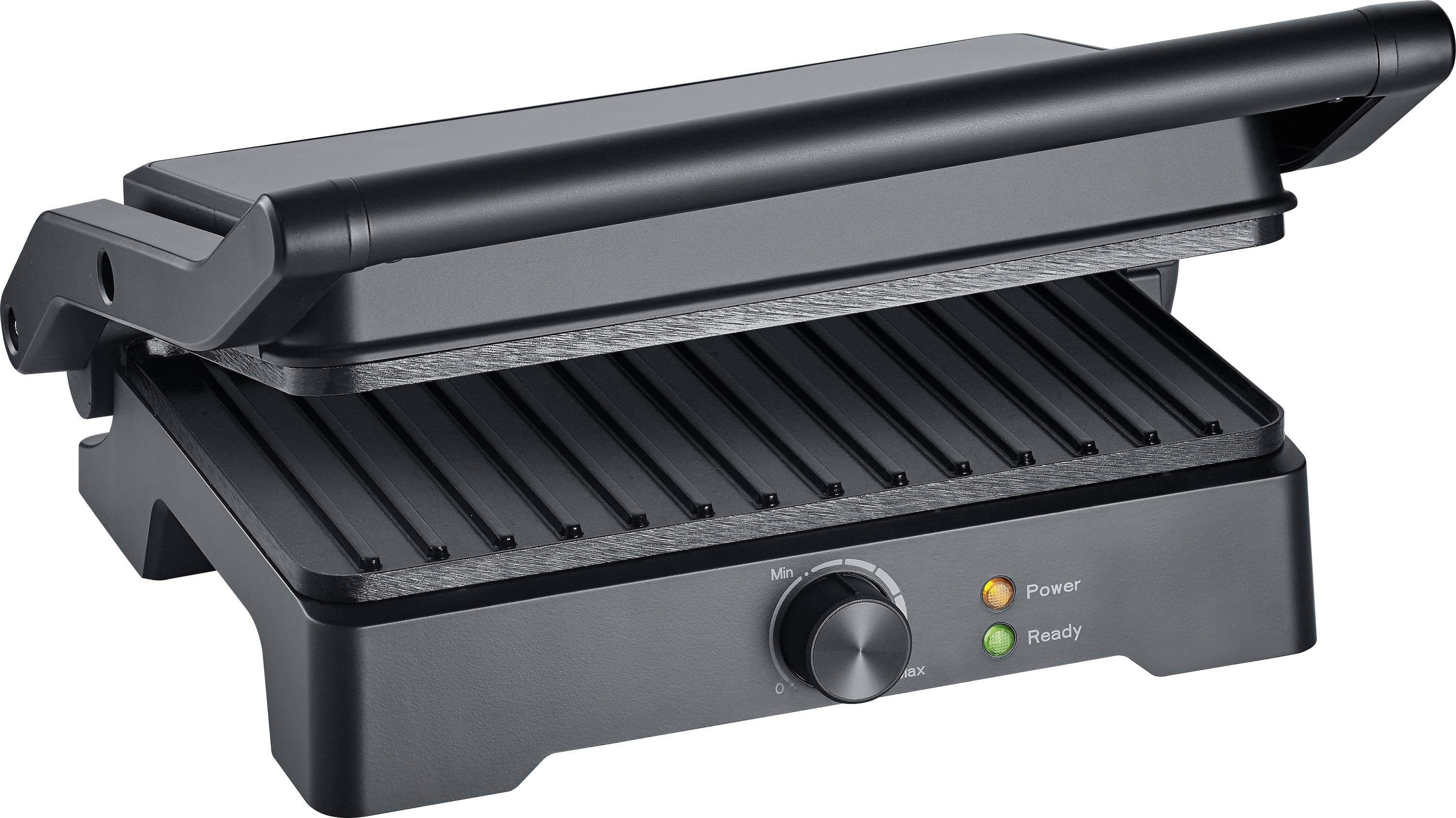 Ein schwarzer elektrischer Grill mit einem Drehknopf zur Temperatureinstellung und Leuchten, die den Status "Stromversorgung" und "Bereit" anzeigen; geöffnet, um die Grillplatten zu zeigen.