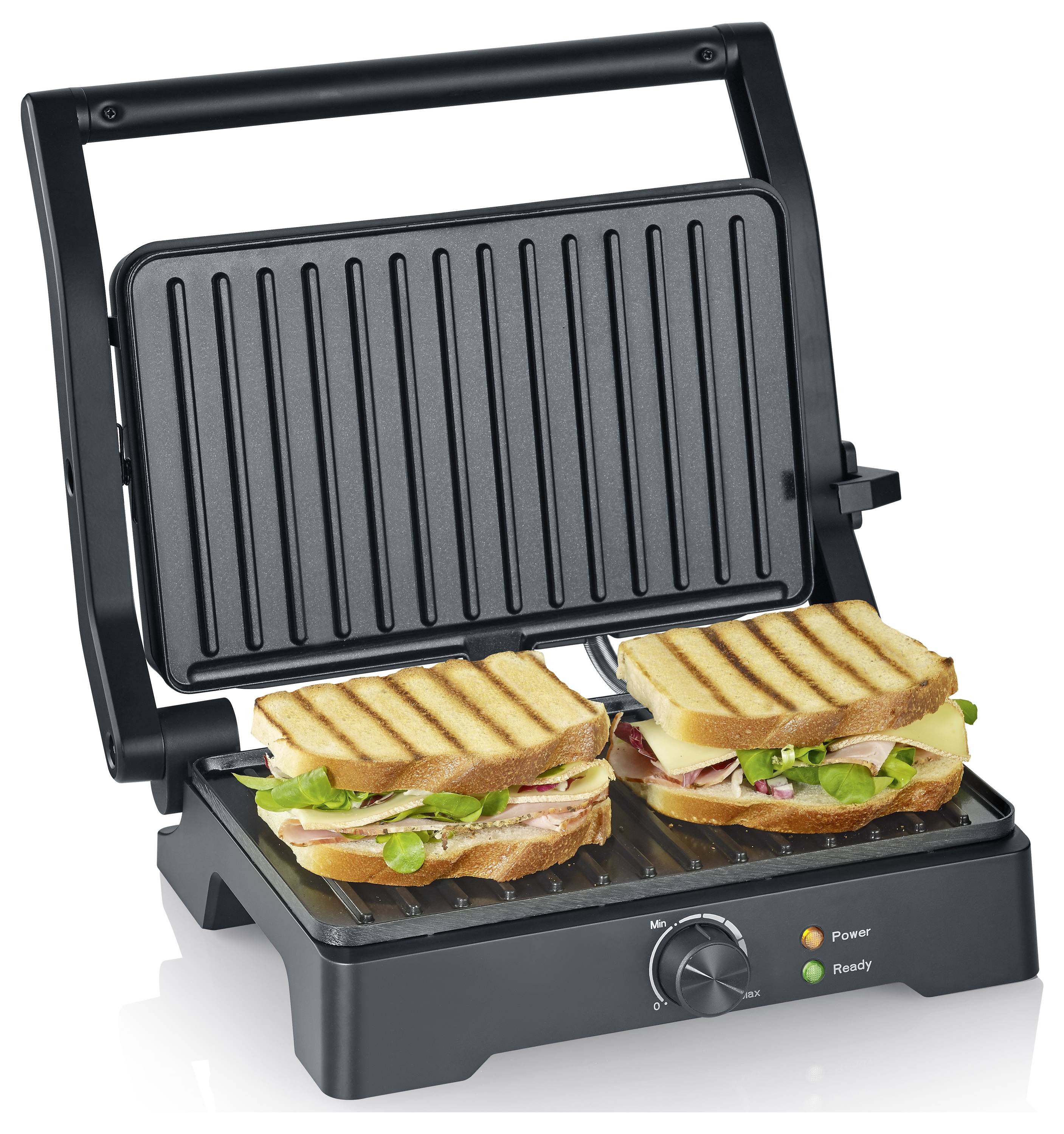 Eine Panini-Presse mit zwei gegrillten Sandwiches beim Kochen, die Markierungen vom Grill zeigen. Die Anzeigelichter zeigen „Power" und „Ready".